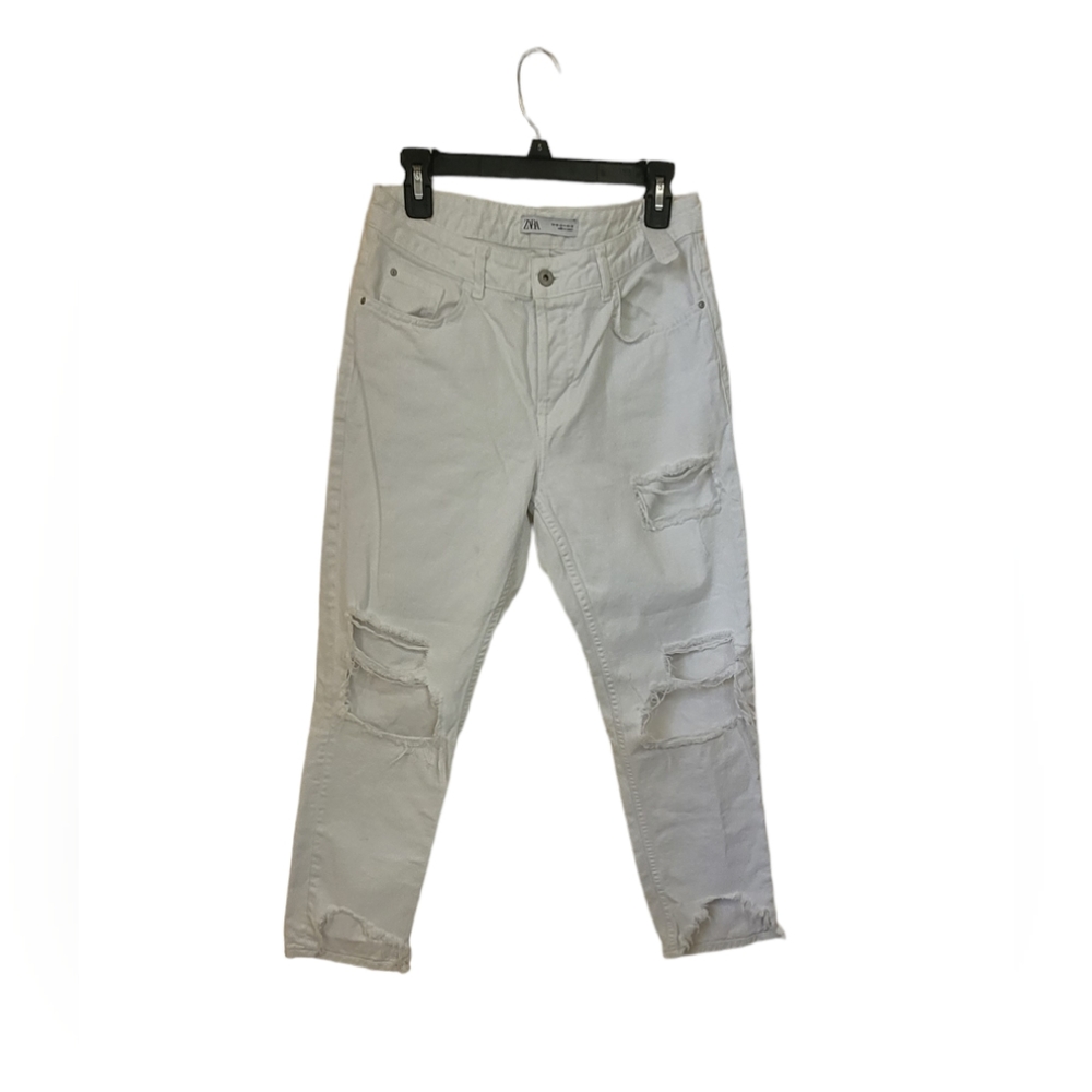 🥰  ZARA WOMEN MID RISE DISTRESSED JEANS SIZE:4  WHITE STRAIGHT DENIM.